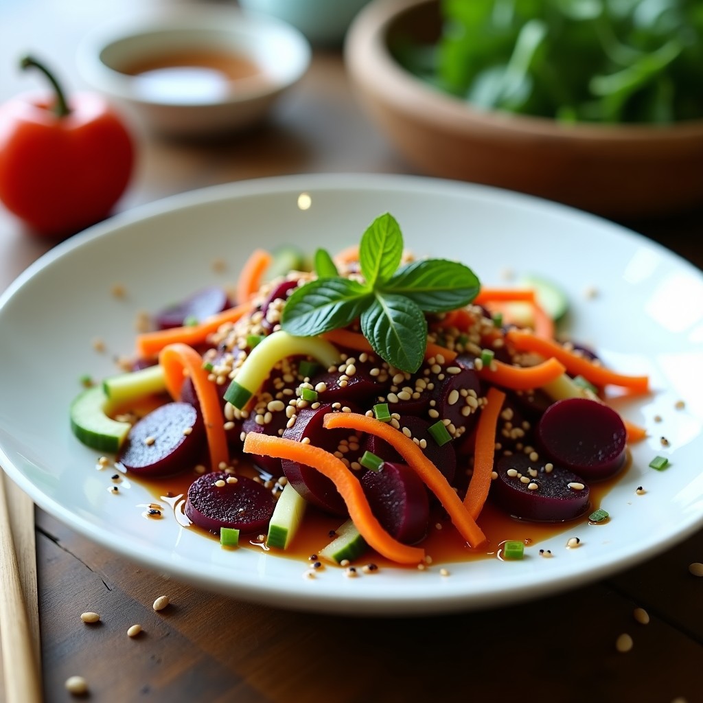 Ensalada de remolacha asiática con sésamo en un bol de cerámica blanca, con tiras de remolacha cruda, zanahoria y pepino bañadas en aderezo oscuro, decorada con semillas de sésamo negro y blanco, hojas de menta y cebollino picado.
