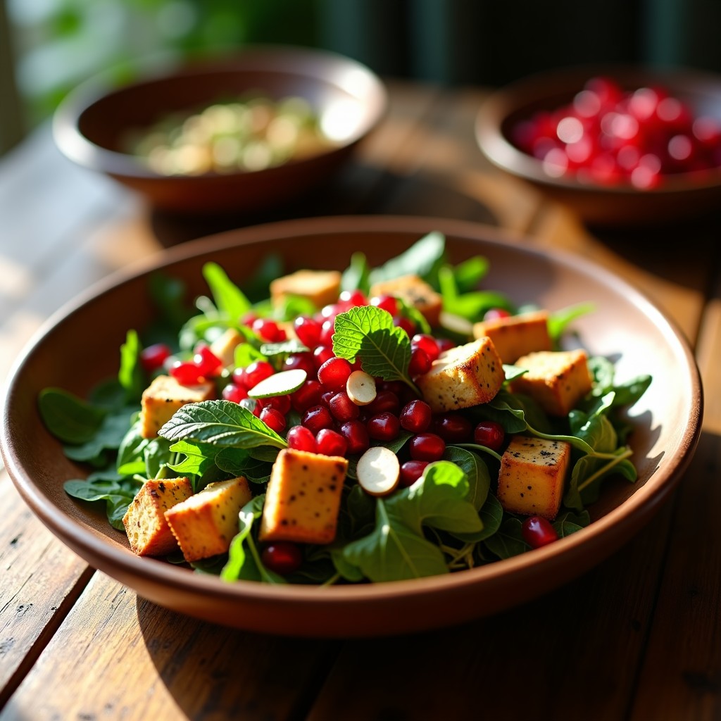 Ensalada libanesa keto en bol blanco de cerámica con rúcula fresca, granitos de granada rojos vibrantes, almendras tostadas doradas y vinagreta de zaatar, decorada con hojas de menta y rodajas de cebolla morada.