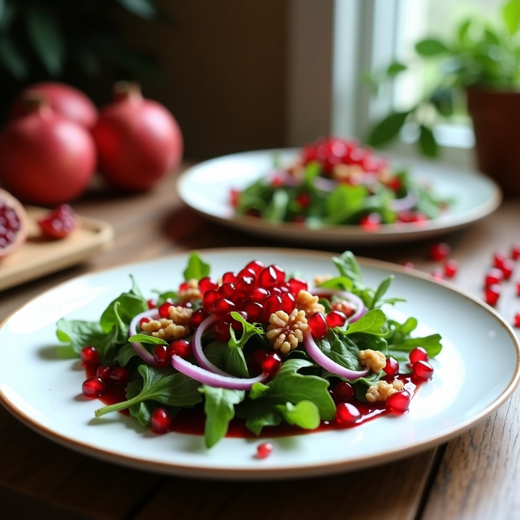 Ensalada iranía de rúcula fresca, semillas de granado rojas brillantes y nueces tostadas doradas, servida en plato blanco con vinagreta de granado y hojas de menta. Receta ligera y antioxidante.