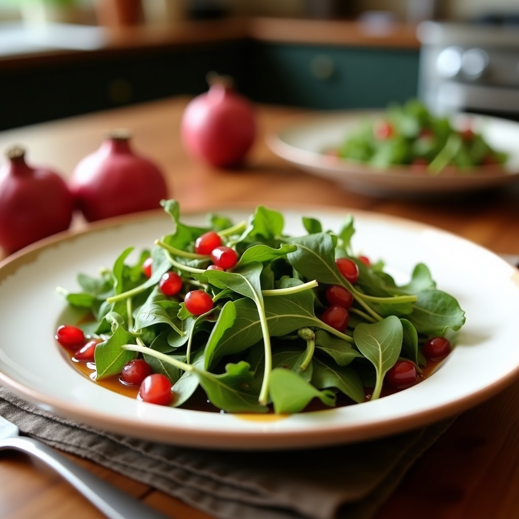 Ensalada árabe fresca de rúcula con granos de granado rojo, láminas de cebolla morada y almendras tostadas, bañada en vinagreta dorada de granadilla, servida en plato blanco de cerámica con semillas de granadilla como decoración.