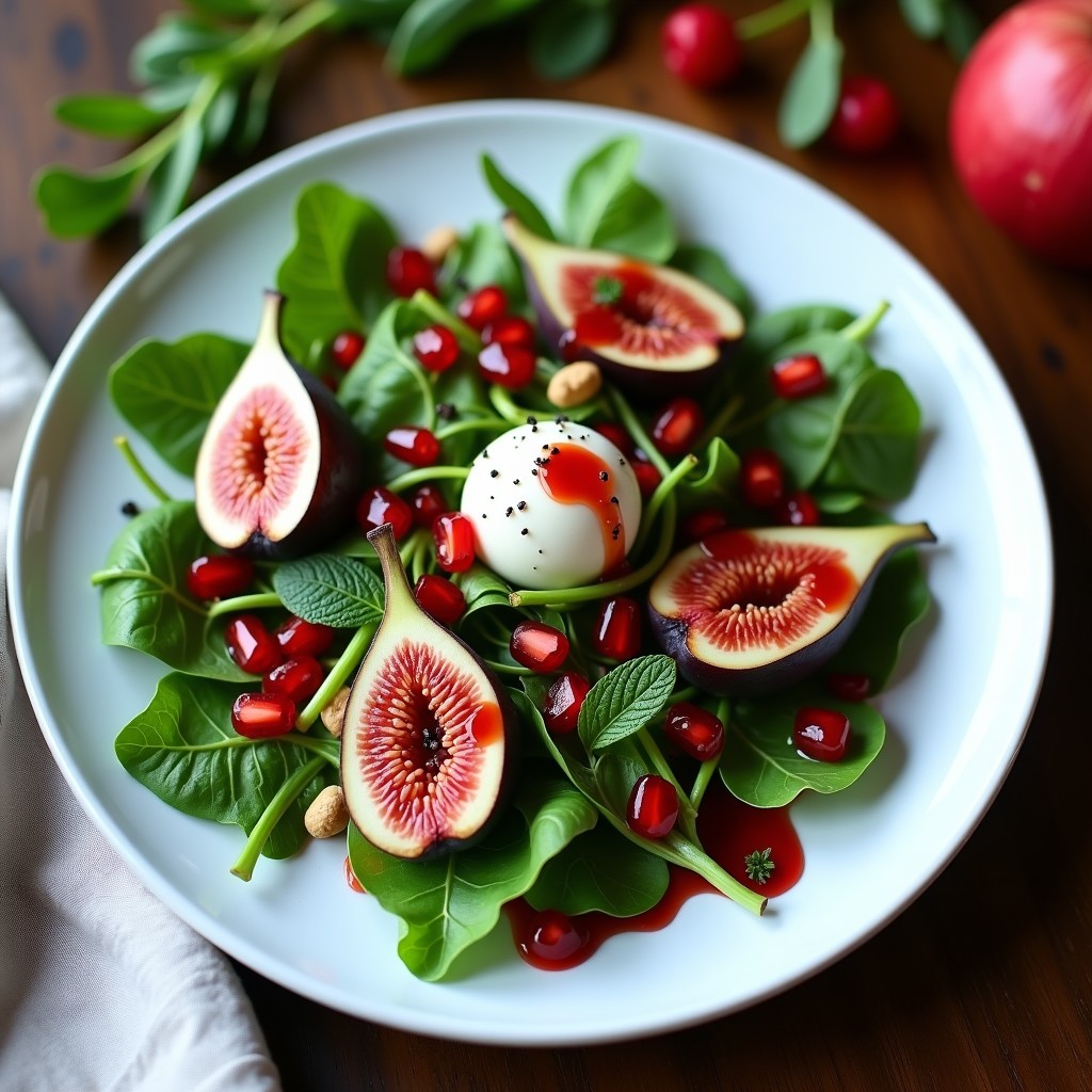 Ensalada vegana de rúcula fresca, higos en cuartos, queso cremoso de anacardos y semillas de granada brillantes, bañada en vinagreta roja de granada. Presentada en plato blanco con toques de menta fresca y flores comestibles.