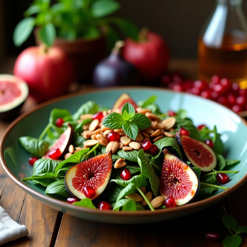 Ensalada turca vegana antiinflamatoria en plato blanco: rúcula fresca, higos maduros en cuartos, semillas de granado rojas brillantes y nueces tostadas, bañada con vinagreta de granado. Fondos de texturas rústicas y colores vibrantes.