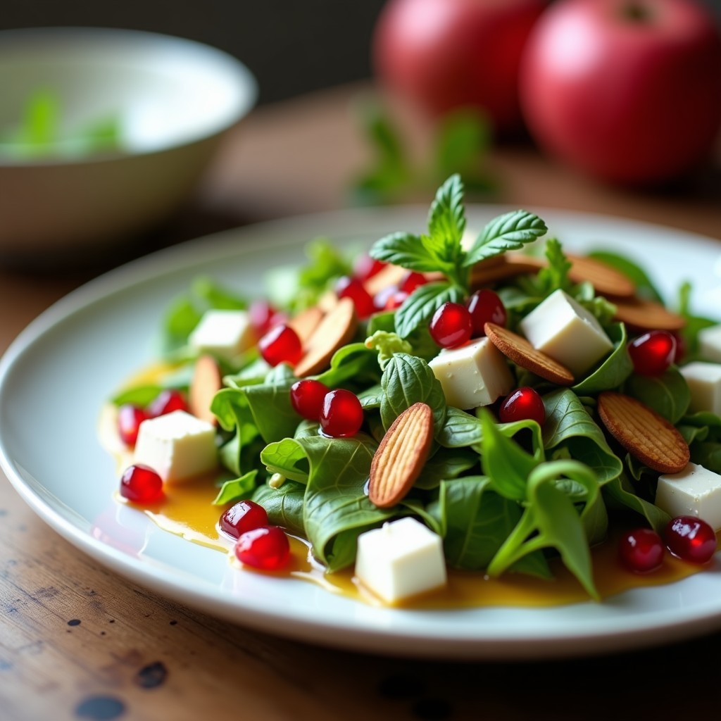 Ensalada de Rúcula, Granada y Queso de Almendras: Receta Turca Keto con Vinagreta de Nar