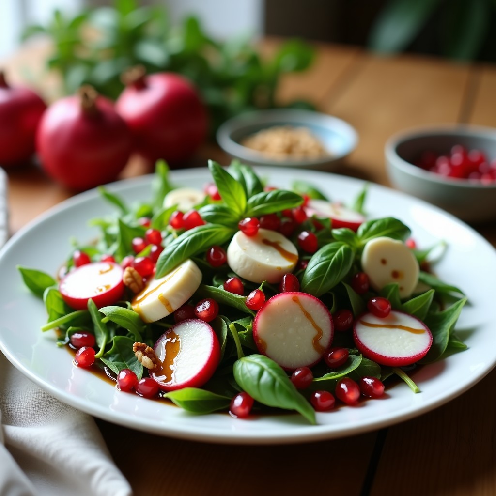 Ensalada italiana fresca con hojas de rúcula verde oscuro, granos de granada rojos brillantes, cubos de queso de búfala blanco cremoso, rodajas de rábano morado y nueces pecanas tostadas. Bañada con vinagreta de vinagre balsámico oscuro y decorada con hojas de albahaca verde. Plato blanco sobre fondo rústico de madera.