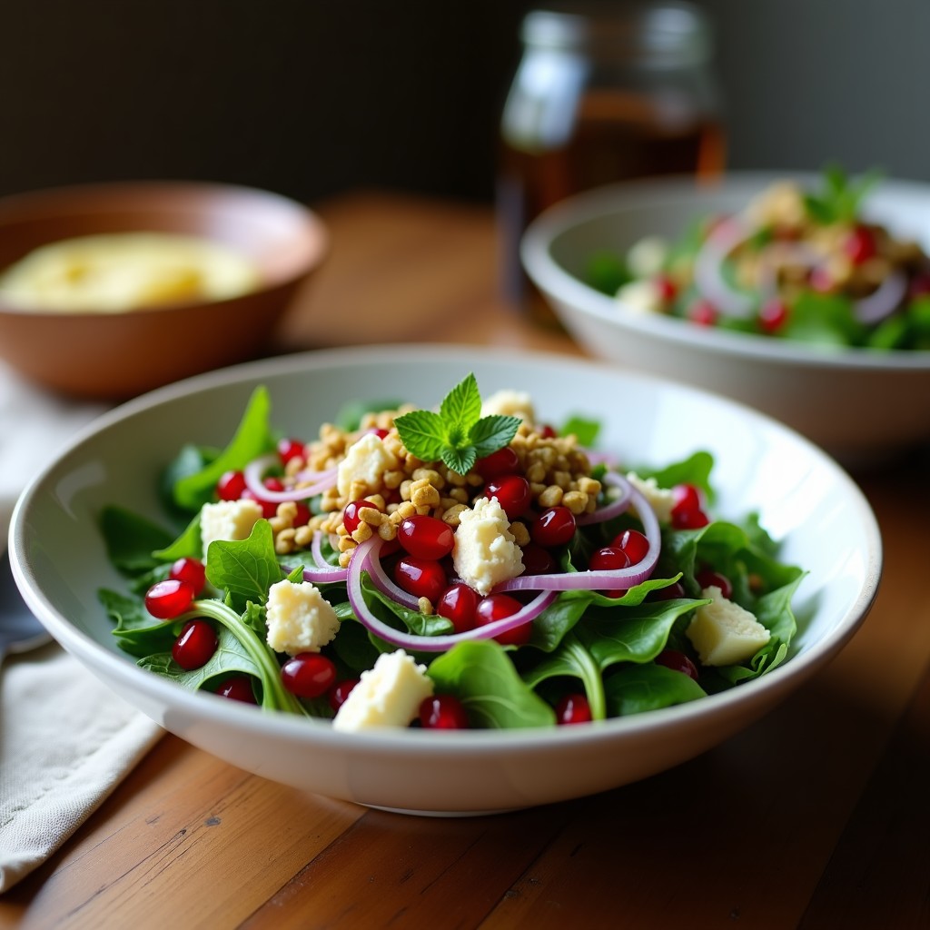 Ensalada de Rúcula con Granos de Granada y Queso de Almendras: Receta Persa Alta en Hierro