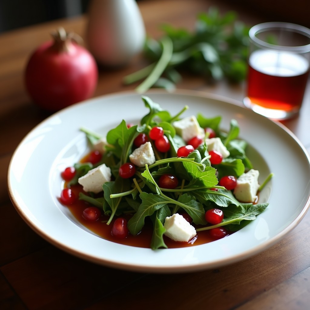 Ensalada de Rúcula, Granados y Queso de Cabra con Vinagreta de Granados: Receta Líbano-Persa