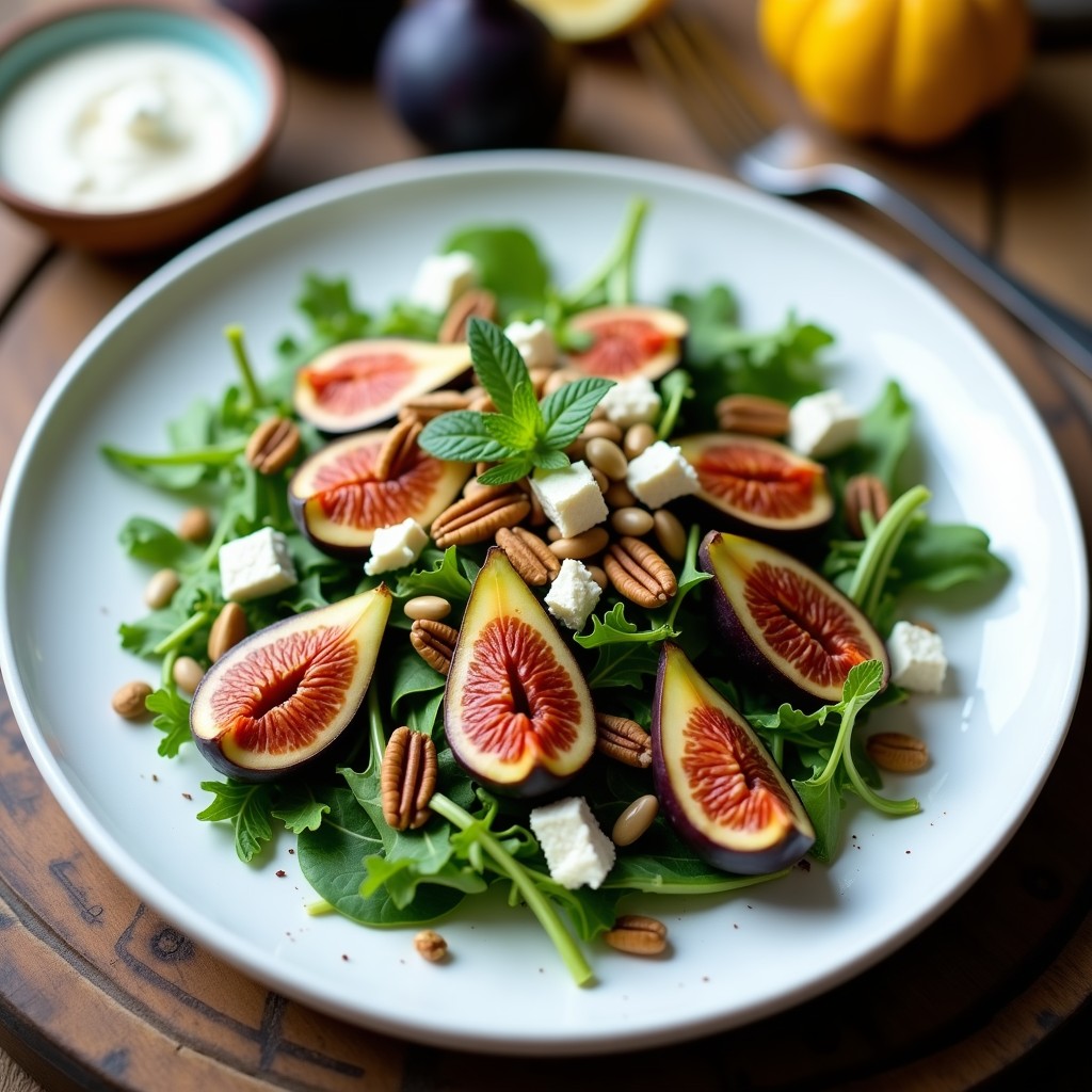 Ensalada mediterránea sin gluten en plato blanco con rúcula baby, higos frescos en cuartos, queso de almendras ahumado desmenuzado, nueces pecanas tostadas y semillas de calabaza. Decorada con hojas de menta y vinagreta dorada de miel y balsámico.