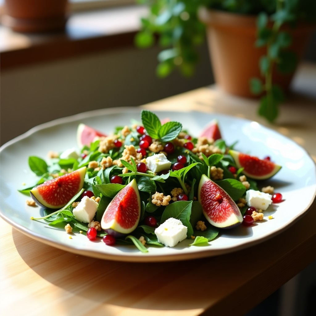 Ensalada fresca de rúcula baby con higos frescos cortados en cuartos, queso de cabra desmenuzado, nueces pecanas tostadas y semillas de granada, bañada con vinagreta de miel de agave y decorada con hojas de menta sobre un plato blanco rústico.