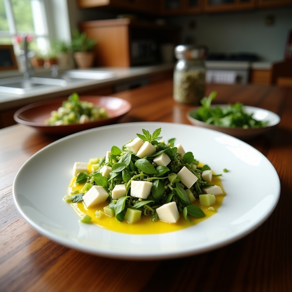 Ensalada griega refrescante de cubos de sandía jugosa, queso feta en dados, hojas de menta fresca y cebolla morada, con un aderezo cítrico y pimienta negra, servida en un plato blanco de cerámica sobre fondo rústico.