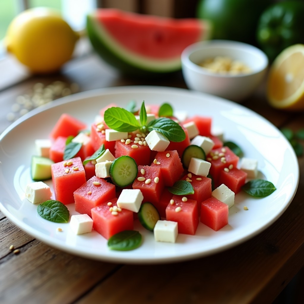 Ensalada refrescante de sandía en cubos, queso feta desmenuzado y mentra fresca, con cebolla morada y almendras fileteadas, servida en un plato blanco con vinagreta brillante. Receta alta en electrolitos.