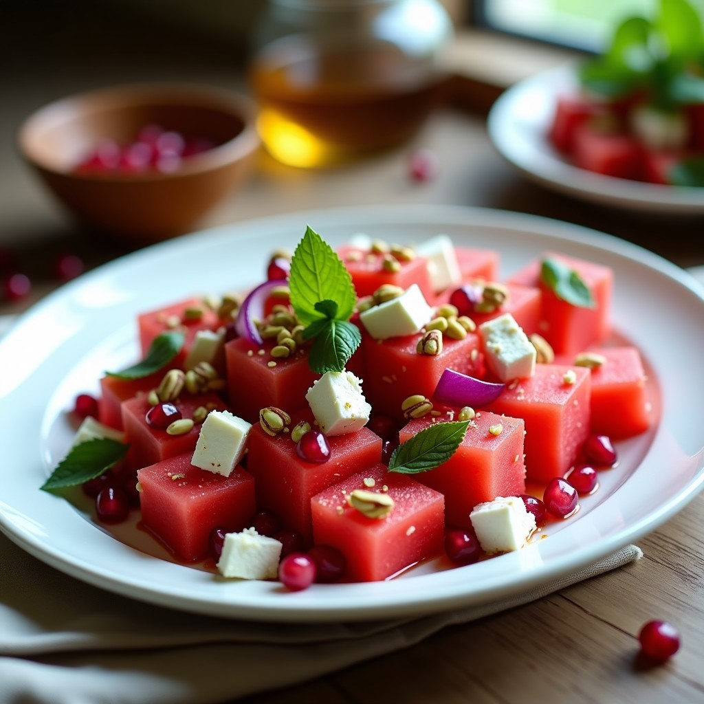 Ensalada griega fresca de sandía en cubos, queso feta desmenuzable, reducción brillante de vinagre de granado, pistachos tostados y hojas de albahaca morada sobre fondo rústico.