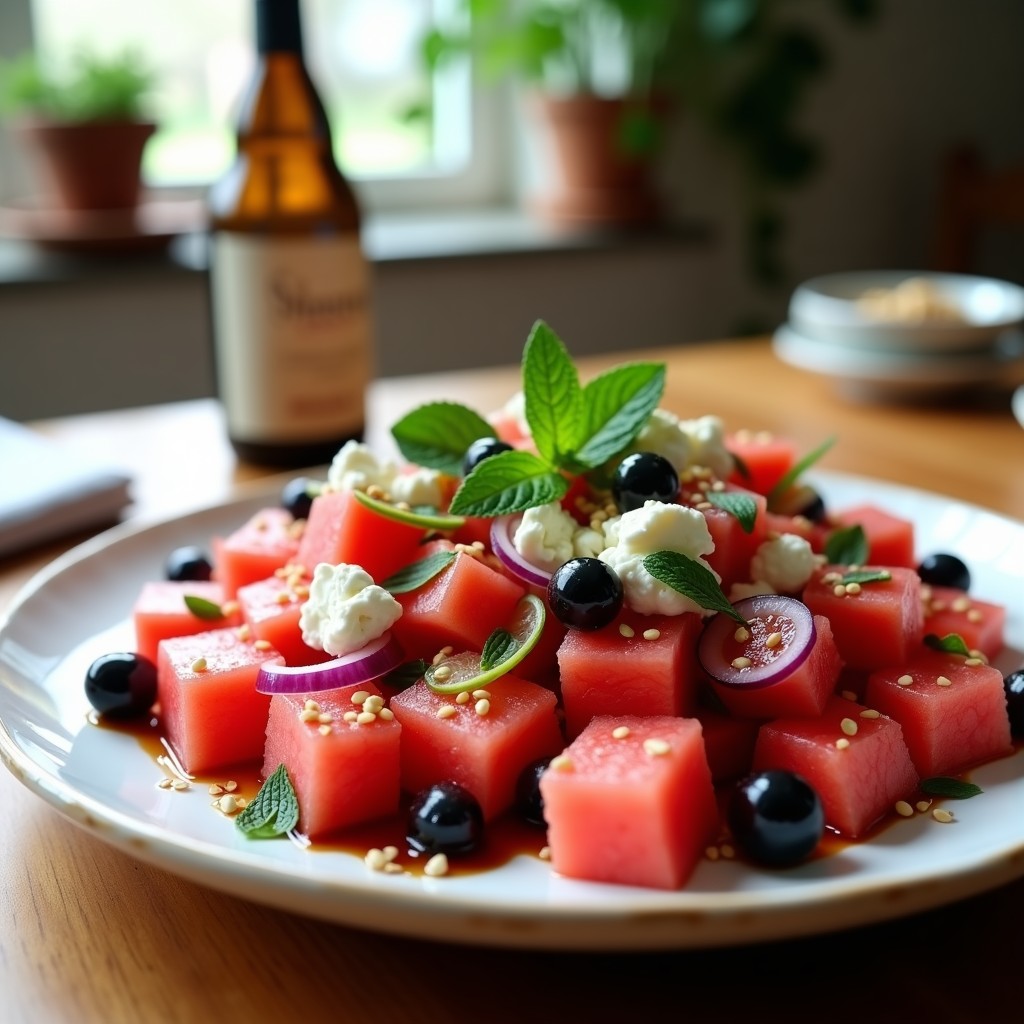 Ensalada griega viral de sandía watermelon en cubos, queso feta desmenuzado, pepino, cebolla morada y aceitunas kalamata, bañada en vinagreta de vinagre balsámico brillante. Decorada con hojas de menta fresca y semillas de sésamo tostado sobre un plato blanco rústico.