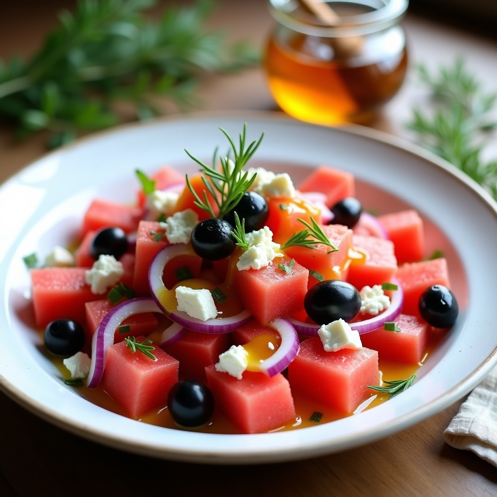 Ensalada griega fresca de cubos de sandía roja jugosa, trozos de queso feta blanco desmenuzado, cebolla morada en juliana, aceitunas kalamata negras y hierbas verdes de eneldo y orégano, bañada con vinagreta dorada de miel, servida en un bol de cerámica blanca sobre fondo rústico de madera.