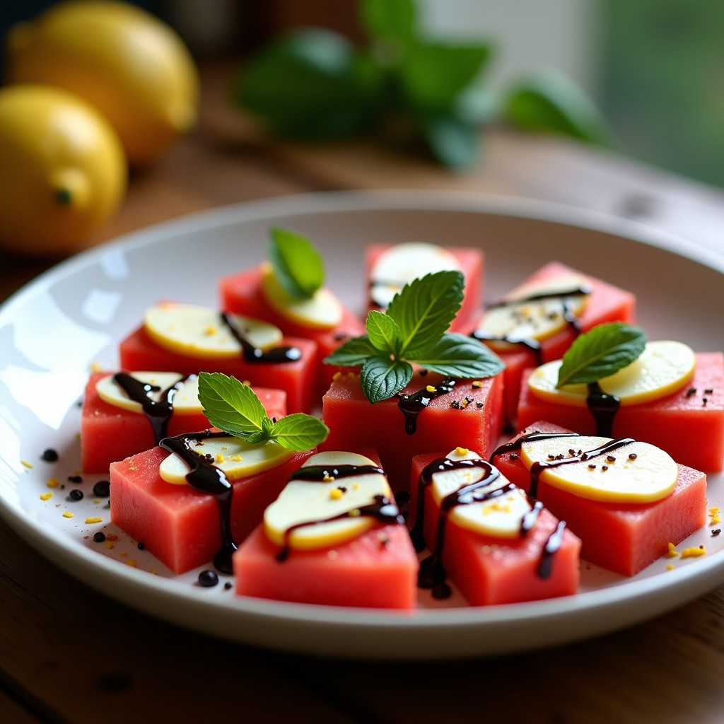 Ensalada chipriota de sandía watermelon en cubos brillantes y láminas de queso halloumi blanco, decorada con reducción de vinagre balsámico oscuro, hojas de menta y albahaca morada, semillas de amapola y zesta de limón sobre fondo rústico de madera clara.
