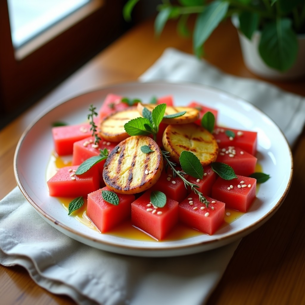 Ensalada chipriota de sandía en cubos rojos vibrantes, queso halloumi dorado a la plancha en rodajas, hojas de menta fresca y semillas de sésamo tostado, servida en un plato blanco con vinagreta brillante de miel y limón negro.
