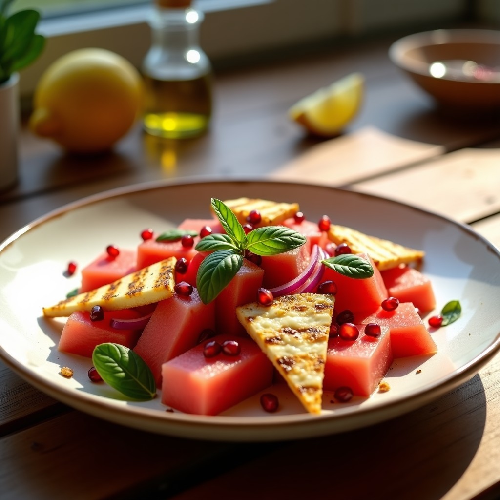 Ensalada de Watermelon, Queso Halloumi y Hojas de Mentol: Receta Cipriota Fresca y Alta en Proteína
