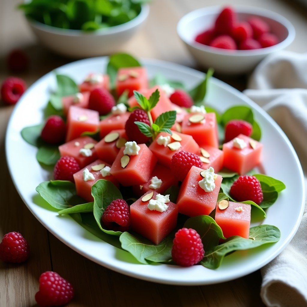 Ensalada fresca de cubos de sandía roja, queso de cabra desmenuzado, frambuesas enteras y hojas de rúcula sobre un plato blanco. Vinagreta de frambuesa brillante y semillas de sésamo espolvoreadas. Fondos de hojas de menta y luz natural que resalta los colores vibrantes.
