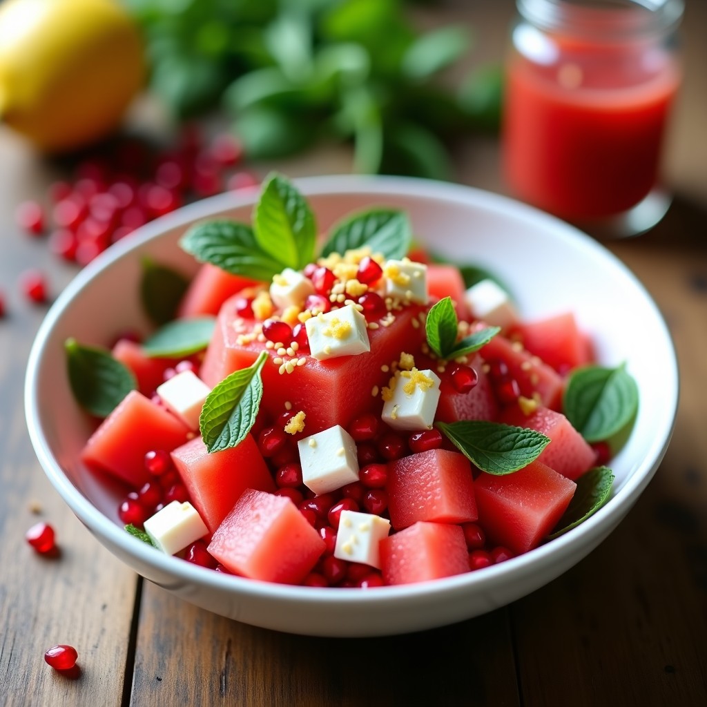 Ensalada fresca de sandía en cubos, queso feta vegano desmenuzado, hojas de menta y rúcula, con semillas de granada y almendras tostadas, bañada en vinagreta rosada de granada. Plato colorido y veraniego.
