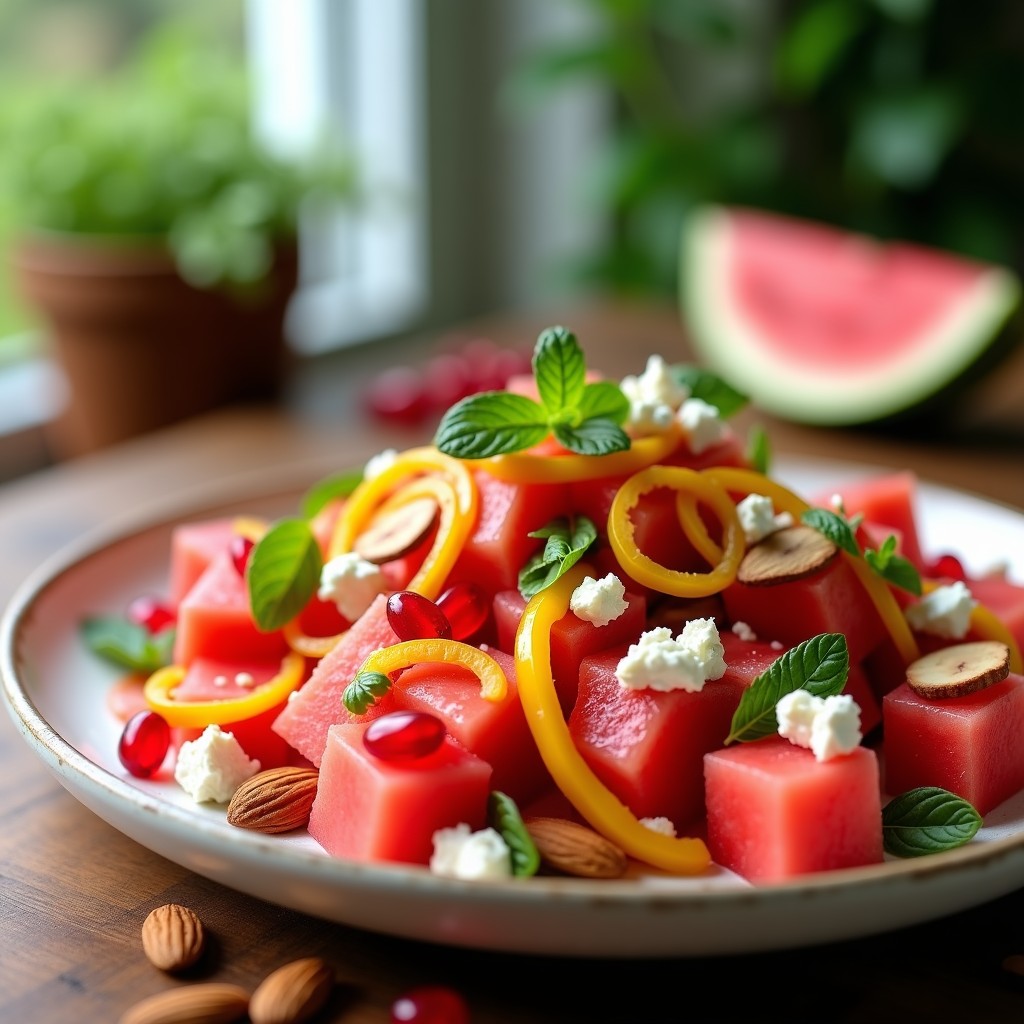 Ensalada fresca de cubos de sandía jugosa, queso feta desmenuzado y semillas de granada brillantes, bañada en vinagreta rosada de granados, servida en plato blanco con hojas de menta fresca y almendras tostadas.