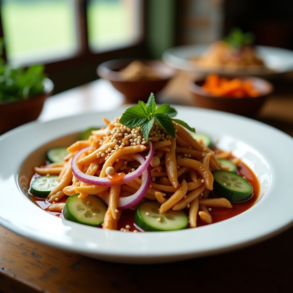 Ensalada tailandesa fresca en bol de cerámica blanca con pollo desmenuzado dorado, rodajas de pepino, cebolla morada, cacahuates tostados y semillas de sésamo, bañada en vinagreta de tamarindo brillante, decorada con hojas de menta y cilantro.
