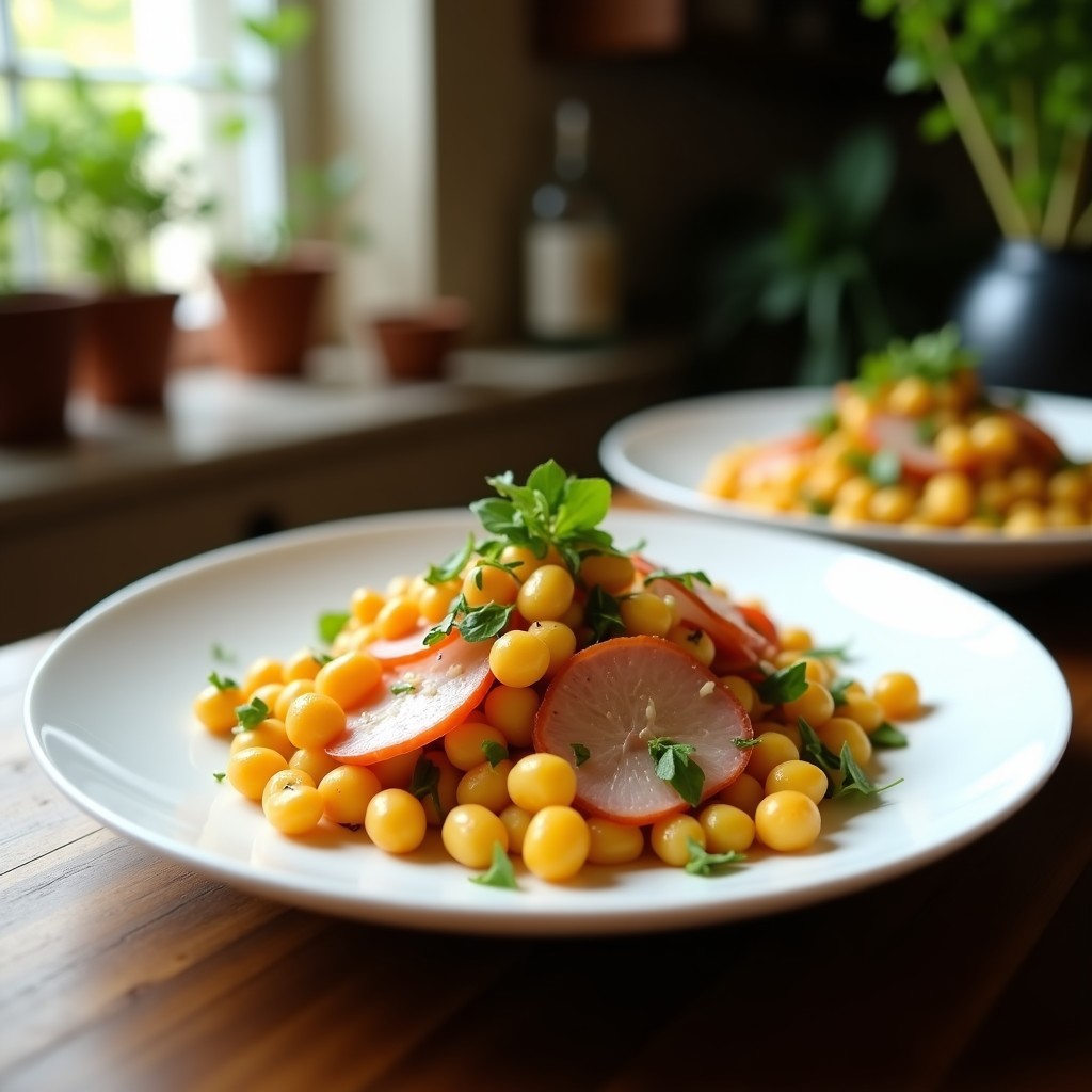 Ensalada Templada de Garbanzos y Bacalao Confitado con Espinacas y Vinagreta de Cítricos