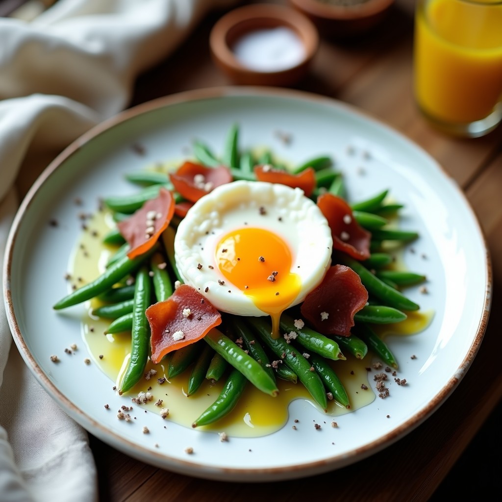 Ensalada Templada de Judías Verdes con Huevo Pochado y Jamón Crujiente: Receta Saludable y Fácil en 20 Minutos