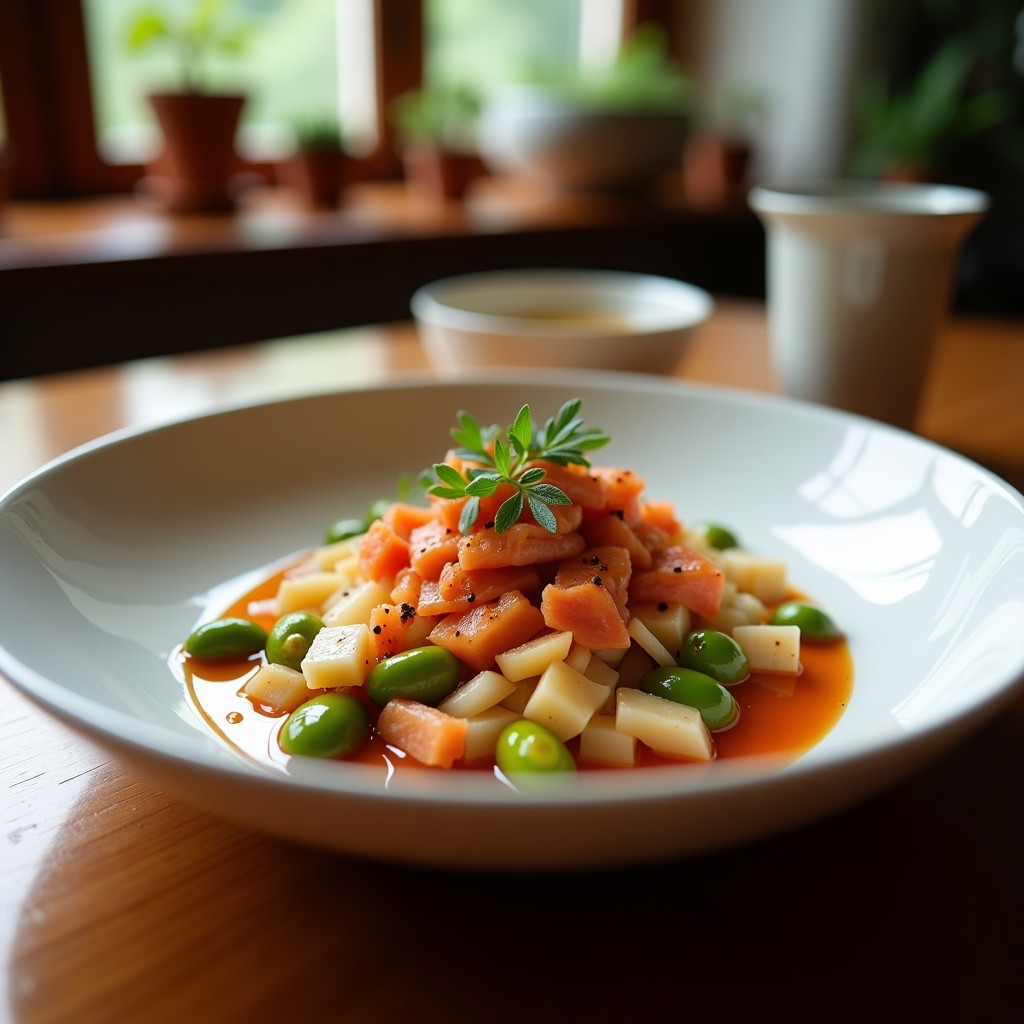Ensalada Templada de Lentejas Caviar y Bacalao Confitado con Pimientos Asados y Vinagreta de Pimentón Ahumado