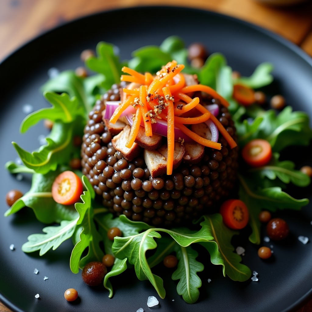 Ensalada Templada de Lentejas Caviar con Confit de Pato y Vinagreta de Jengibre y Miel