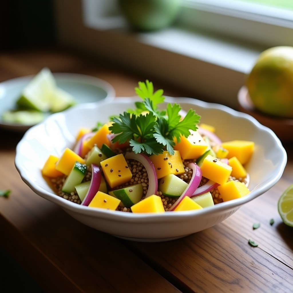 Ensalada de tépache fermentado con trozos de mango, pepino, cebolla morada y semillas de chía en un bol de cerámica blanca, decorada con cilantro fresco y rodajas de limón.