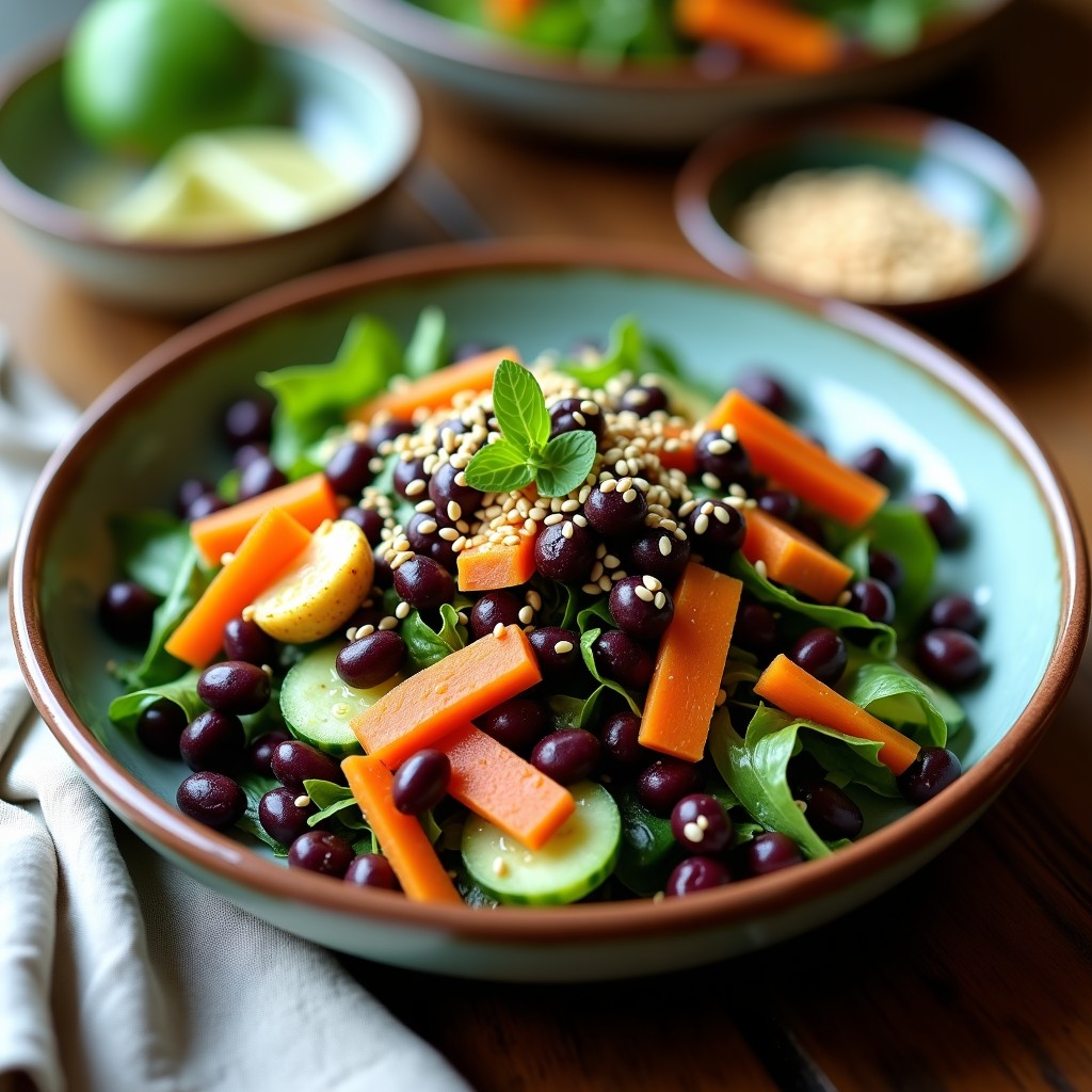 Ensalada vibrante de frijol tepary con algas nori en tiras, pepino japonés, zanahoria morada y semillas de sésamo tostadas, bañada en aderezo de sésamo cremoso.