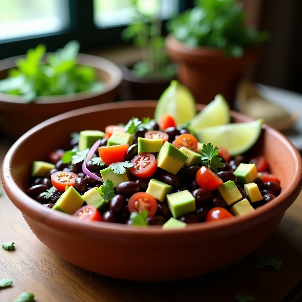 Ensalada colorida de frijoles tepary con aguacate en cubos, tomate cherry, cebolla morada y semillas de calabaza, servida en un plato hondo de barro con aderezo de limón y cilantro fresco.