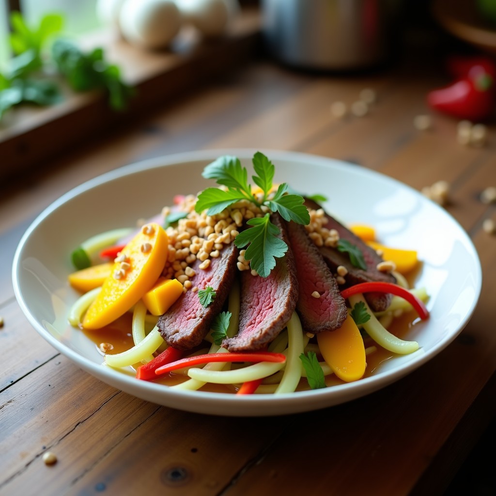 Ensalada Thai colorida en plato blanco con tiras de picanha dorada, mango amarillo, papaya verde, cebolla morada y cacahuetes tostados, decorada con hierbabuena y cilantro.