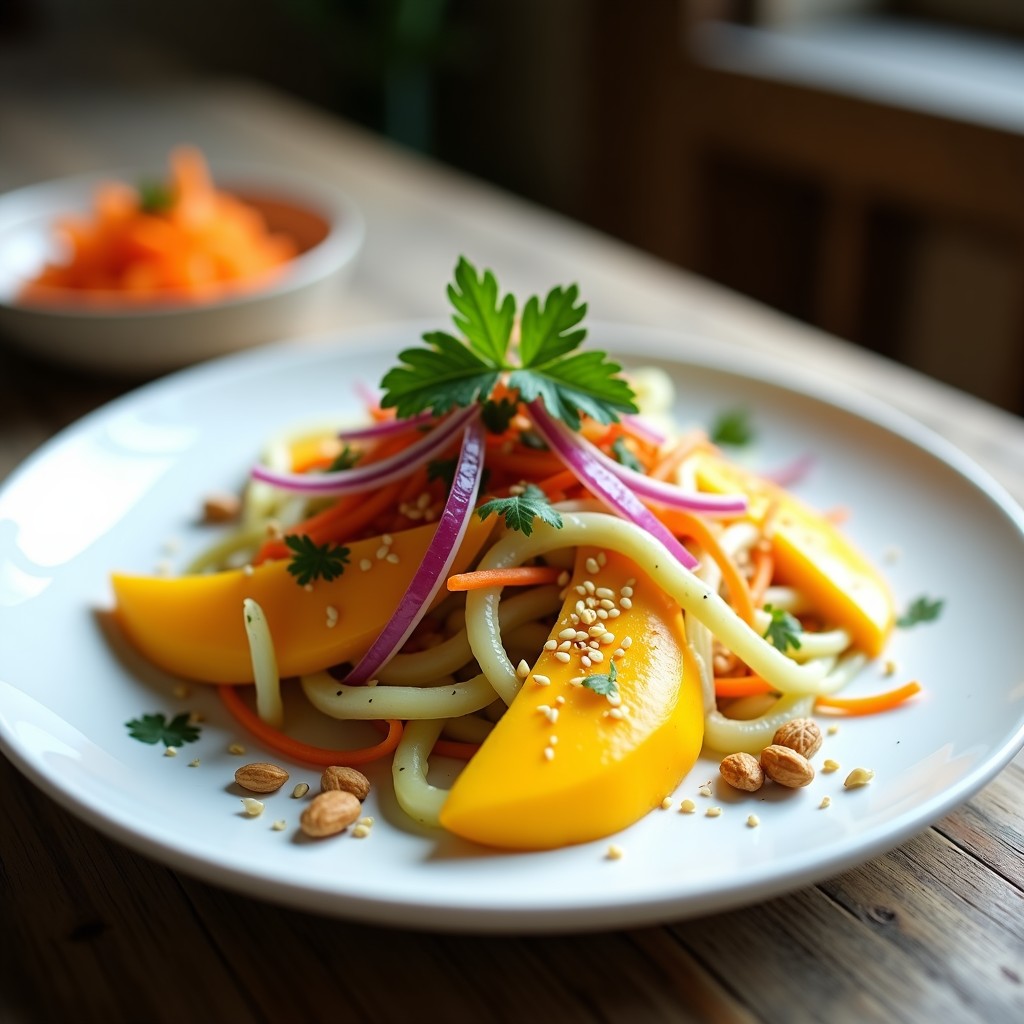 Ensalada thai vibrante con trozos de mango amarillo, papaya verde, zanahoria rallada y cebolla morada, decorada con cacahuetes tostados y semillas de sésamo, servida en un plato blanco sobre fondo de madera rústica.
