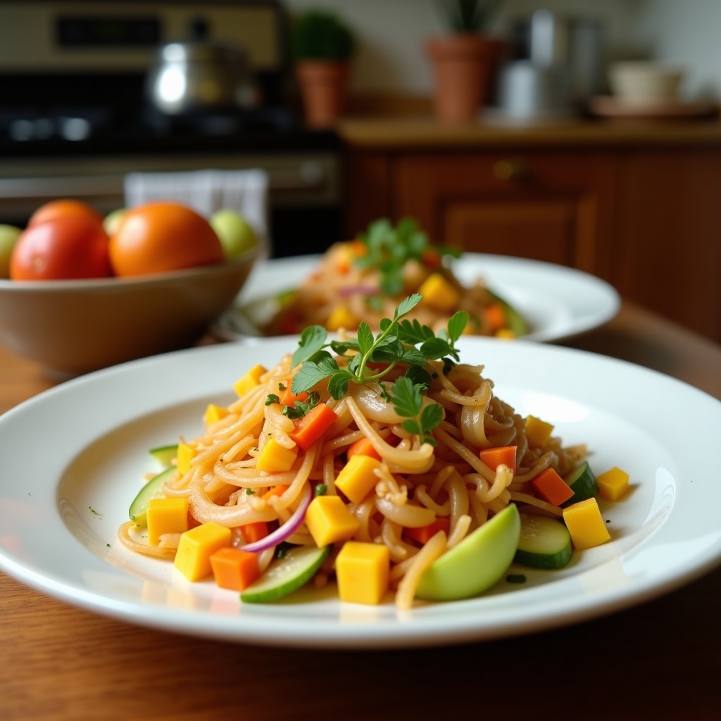 Ensalada thai vegana con trozos de mango y papaya amarillos y naranjas, zanahoria en juliana, pepino y cebolla morada, decorada con cacahuetes tostados y hojas de menta fresca, servida en un plato blanco con aderezo cremoso de cacahuete.