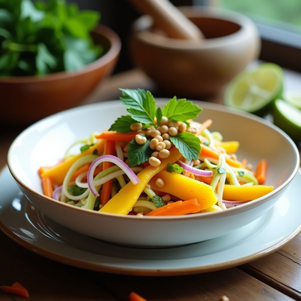 Ensalada thai colorida en bol de cerámica blanca con mango amarillo, papaya verde, zanahoria rallada, cebolla morada, cilantro y cacahuetes tostados, acompañada de aderezo brillante.