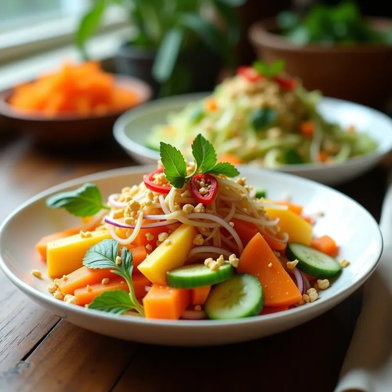 Ensalada Tailandesa de Mango y Papaya: Receta Fresca con Verduras Crujientes en 15 Minutos