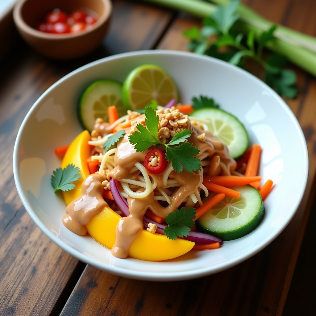 Ensalada Thai colorida en un bol de cerámica blanca con mango en juliana, pepino en rodajas, zanahoria rallada y salsa de cacahuete espesa. Decorada con cacahuetes picados, cilantro fresco y rodajas de chile rojo sobre fondo de madera rústica.