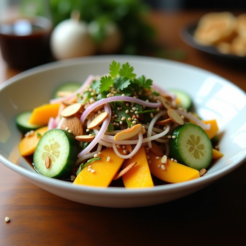 Ensalada tailandesa colorida en plato blanco con mango en juliana, pepino, cebolla morada y almendras tostadas, bañada en vinagreta oscura de café.