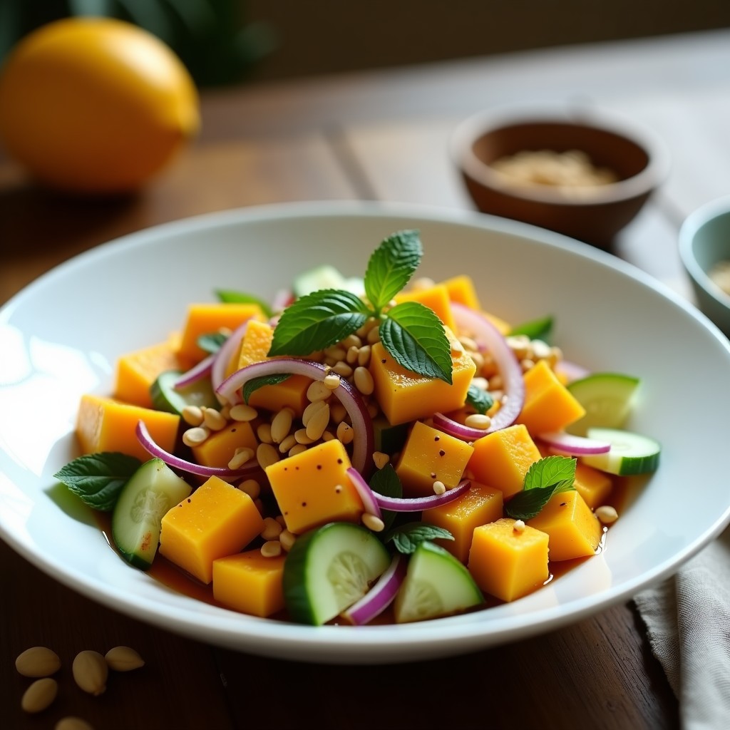 Ensalada tailandesa colorida con trozos de mango amarillo, tofu ahumado dorado, pepino verde, cebolla morada y cacahuetes, servida en un bol blanco con aliño brillante.