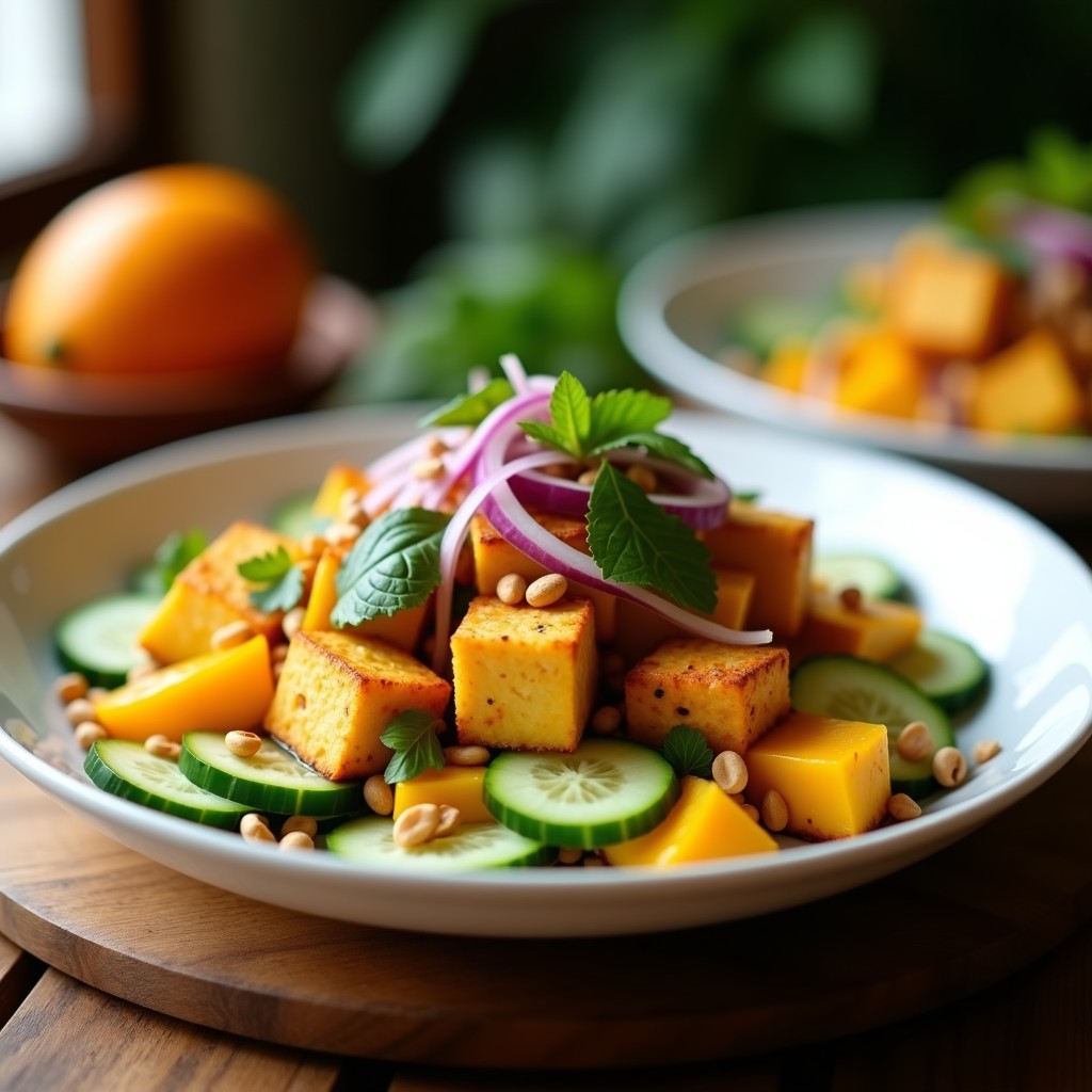 Ensalada tailandesa colorida con trozos de tofu dorado, mango en juliana, pepino, cebolla morada, cilantro y cacahuetes, servida en plato blanco con vinagreta brillante.