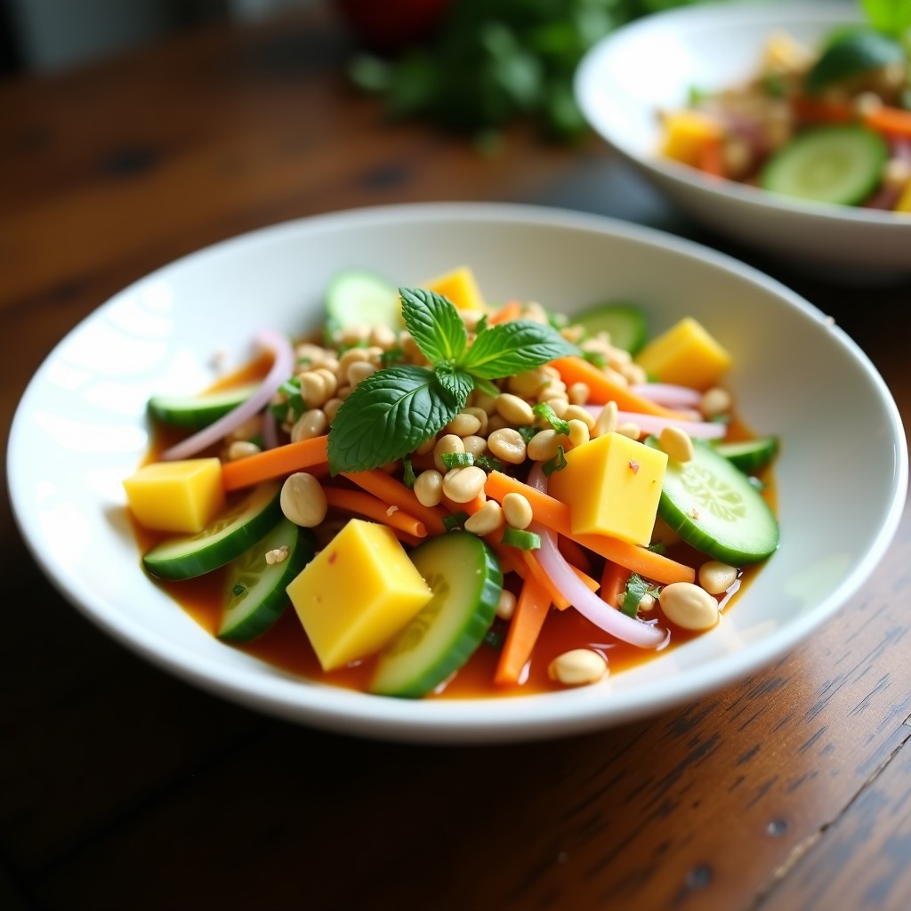 Ensalada thai de mango verde en bol de cerámica blanca, con julianas de zanahoria, pepino y cebolla morada, decorada con cacahuetes tostados, hierba limón y hojas de menta, servida con salsa tailandesa