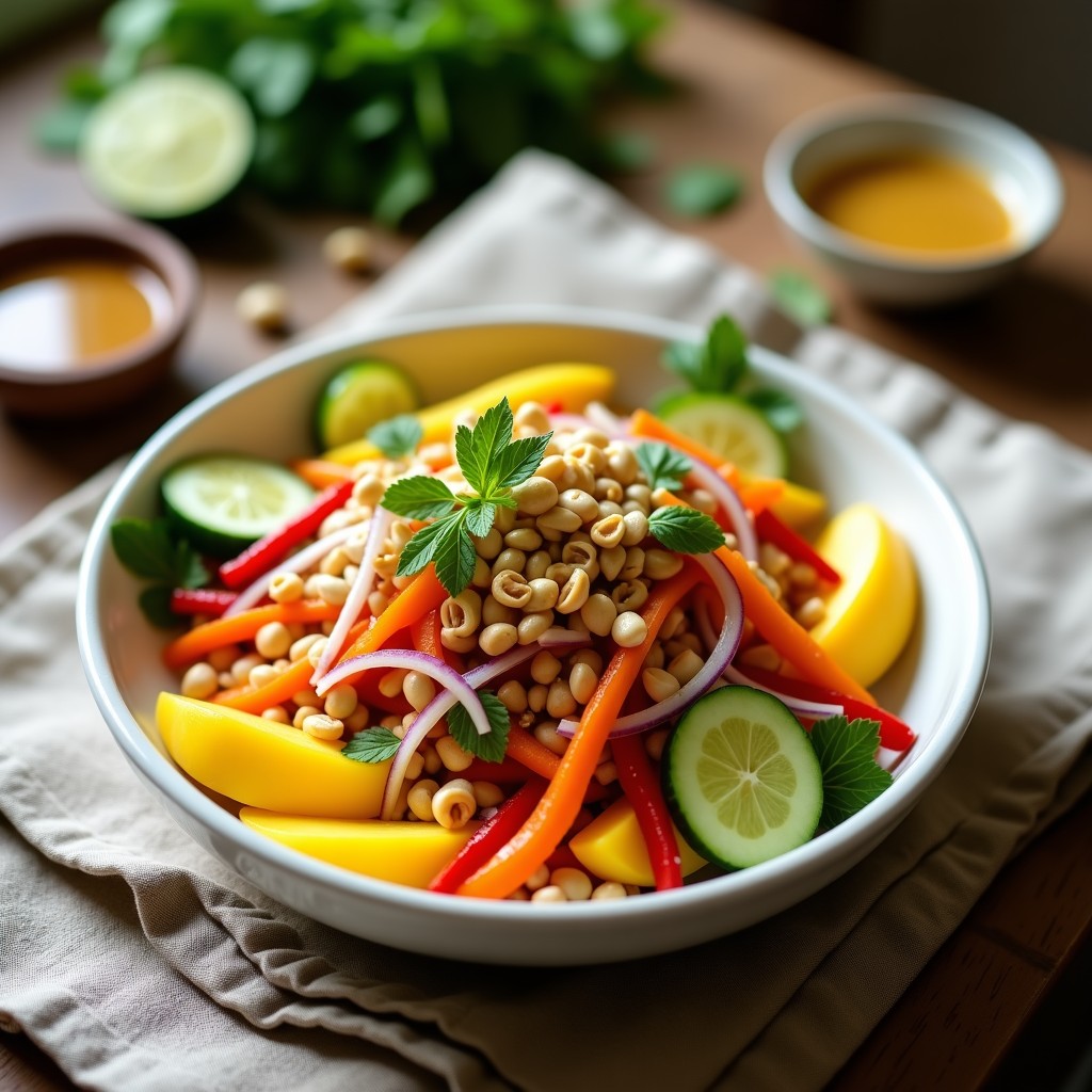 Ensalada Thai colorida en bol de cerámica blanca con mango en cubos, pimiento rojo ahumado, cebolla morada, pepino y zanahoria, decorada con semillas de sésamo y hojas de cilantro.