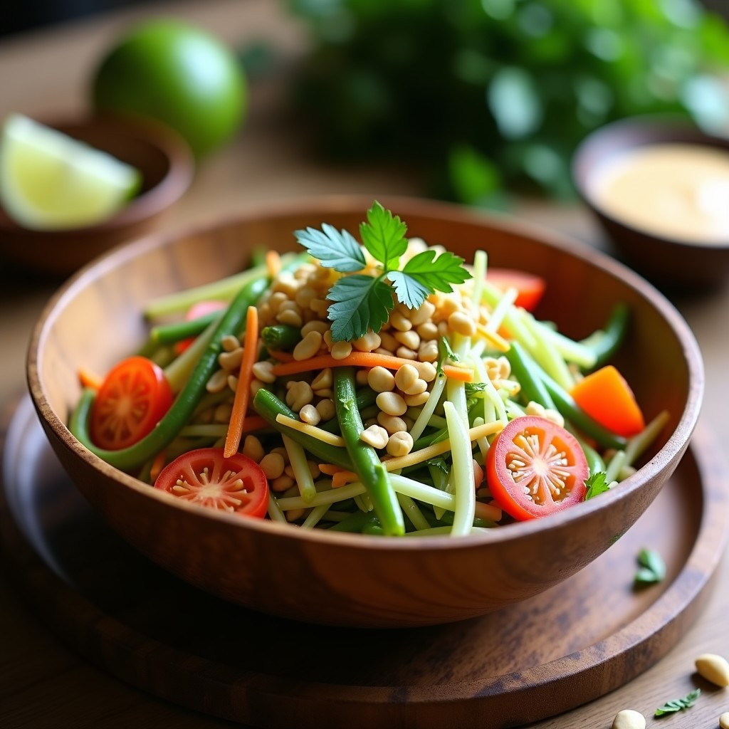 Ensalada thai de papaya verde en bol de madera, con tiras de papaya, judías verdes, tomates cherry y zanahoria, bañada en salsa cremosa de cacahuete y decorada con cacahuetes picados y cilantro fresco.