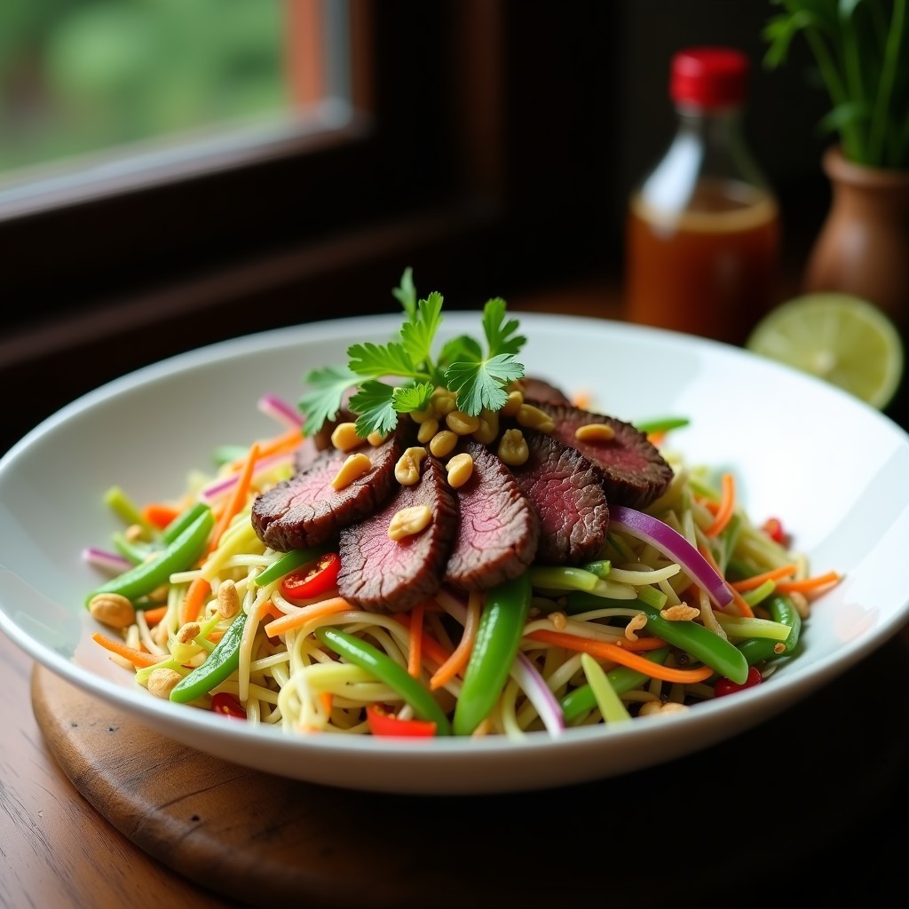 Plato hondo de cerámica blanca con ensalada thai de papaya verde en juliana, zanahoria, judías verdes, cebolla morada, láminas de picanha, cacahuetes tostados y cilantro fresco, acompañada de un aliño dorado. Receta fresca y alta en proteína.