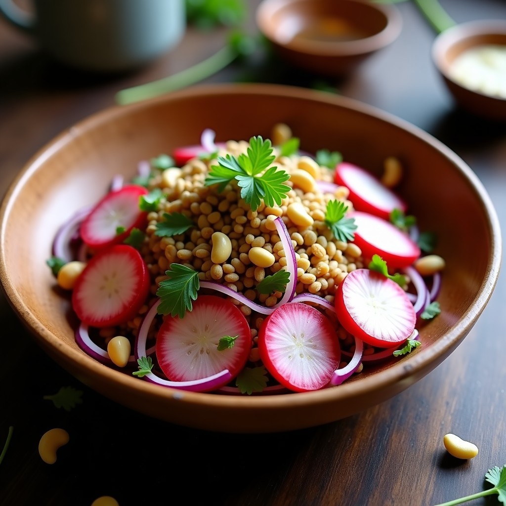 Ensalada tibetana de centeno tostado y rábanos rojos en rodajas, con anacardos, cebolla morada y cilantro, servida en un bol de madera con aliño de limón y miel.