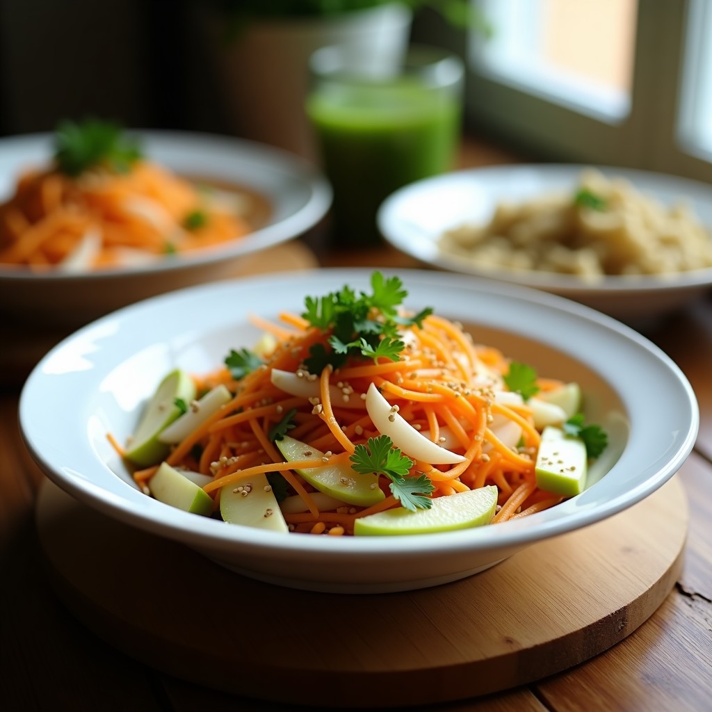 Ensalada tibetana de rábanos negros, manzana verde y zanahoria en juliana, con semillas de sésamo y cilantro fresco, servida en un bol de cerámica blanca sobre fondo rústico.