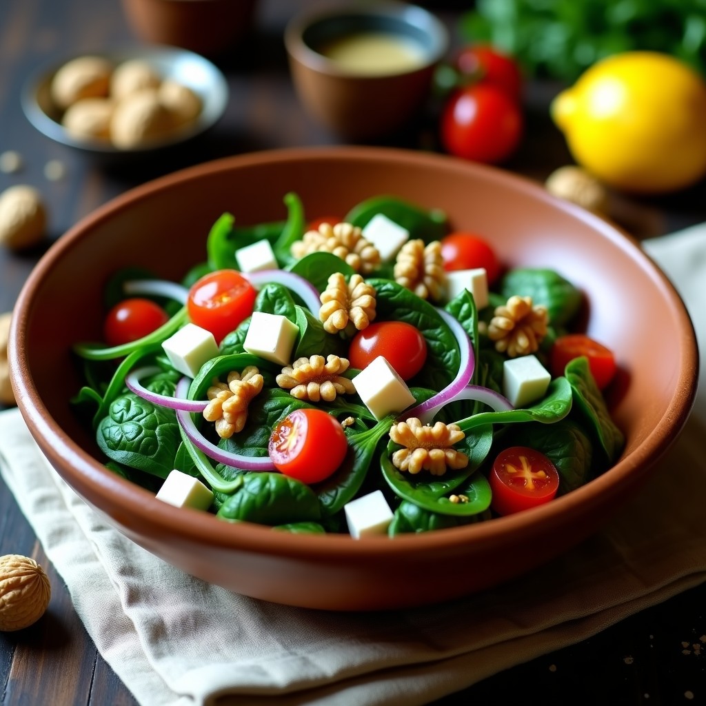 Ensalada tibetana en bol de barro con espinacas frescas, cubos de queso yak blanco, nueces tostadas y rodajas de cebolla morada, aliñada con aceite de mostaza.