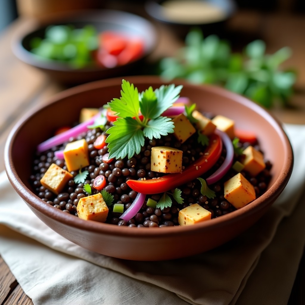 Ensalada tibetana en bol de barro con lentejas negras, tofu ahumado dorado, cebolla morada, pimiento rojo y semillas de sésamo, decorada con cilantro fresco.