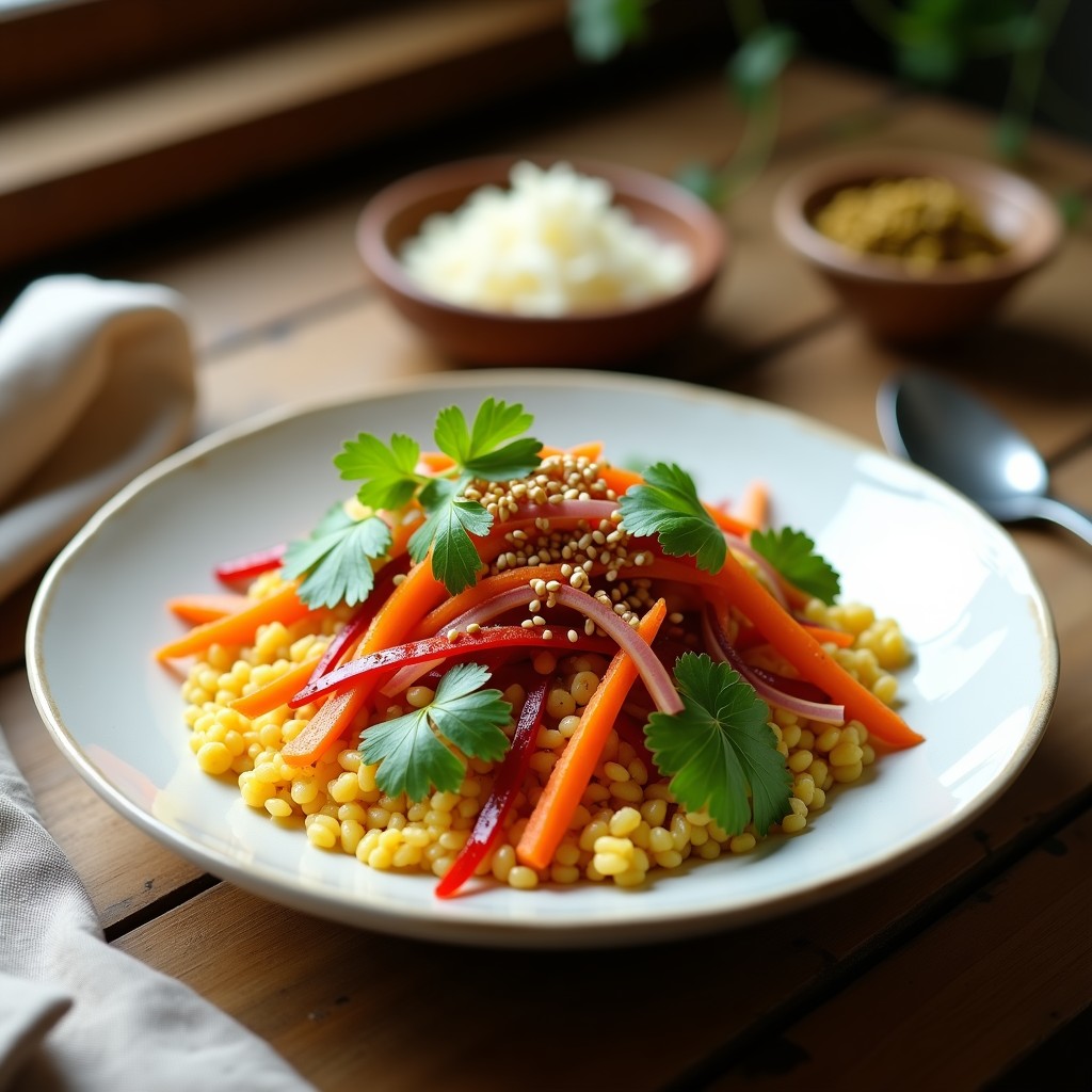 Ensalada tibetana colorida en bol de cerámica blanca con mijo dorado, radichetta verde, zanahoria naranja, pimiento rojo y semillas de sésamo tostadas, acompañada de vinagreta brillante.