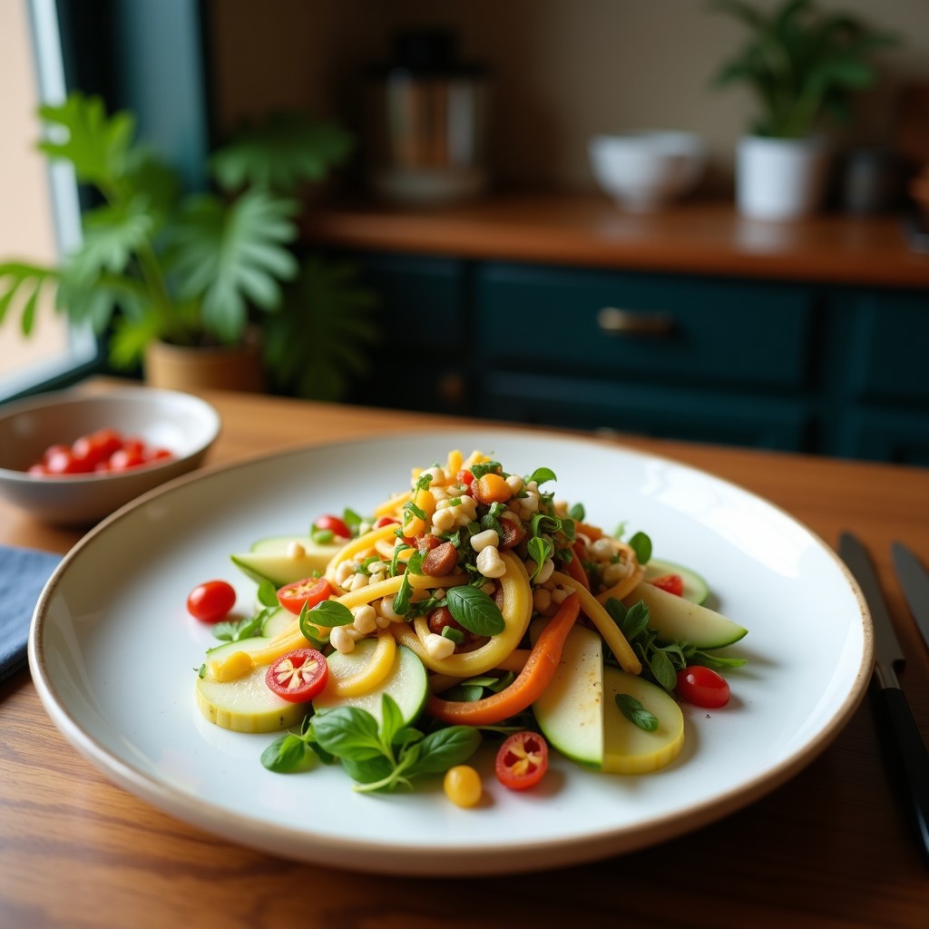 Ensalada tibetana momo vegana en bol de cerámica oscuro, con setas shiitake doradas, tofu ahumado en cubos, repollo morado en juliana y zanahoria rallada, decorada con semillas de sésamo y hojas de cilantro fresco.